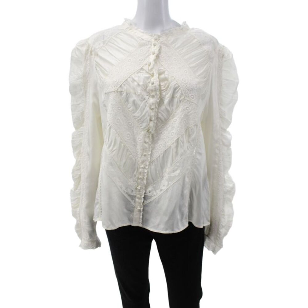 Love Shack Fancy Women Collared Button Up White Long Sleeve Blouse Size 2XL